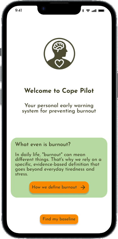Cope Pilot app welcome screen showing assessment and tracking features